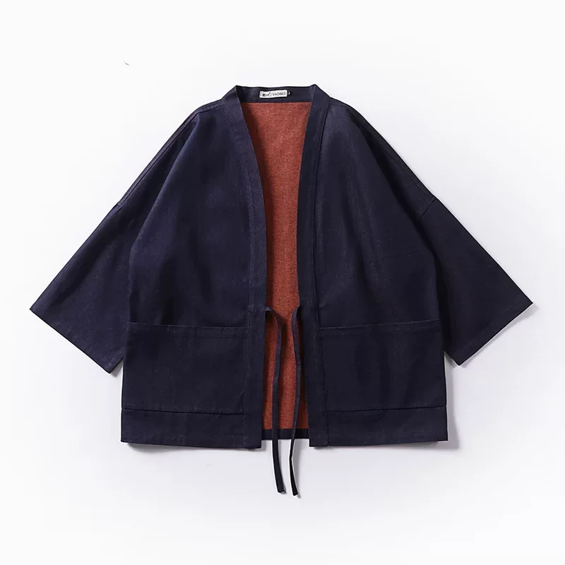 Reversible Japanese Kimono Men Denim Haori Jacket Plus Size  Double Sided Wear Noragi Vintage Indigo Dye Loose Coat
