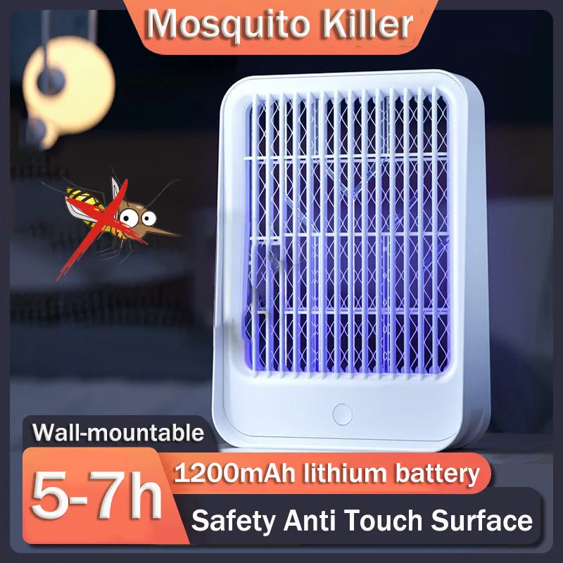 Matamosquitos electrónico para interiores, matamoscas de 1200mAh de insectos, montable en la pared, recargable por USB, silencioso, lámpara Uv,