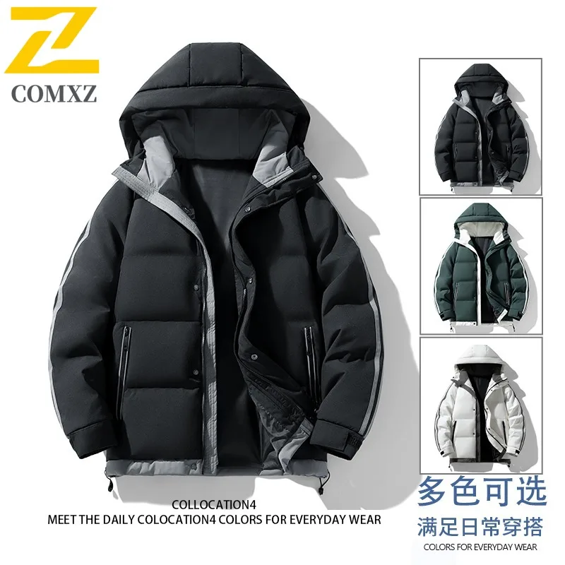 COMXZ 2025 Autumn Winter Plus Size Mens Two Stripe Cotton Jacket M 8XL Hooded Thick Puffer Coat Casual outdoor sports Outwear
