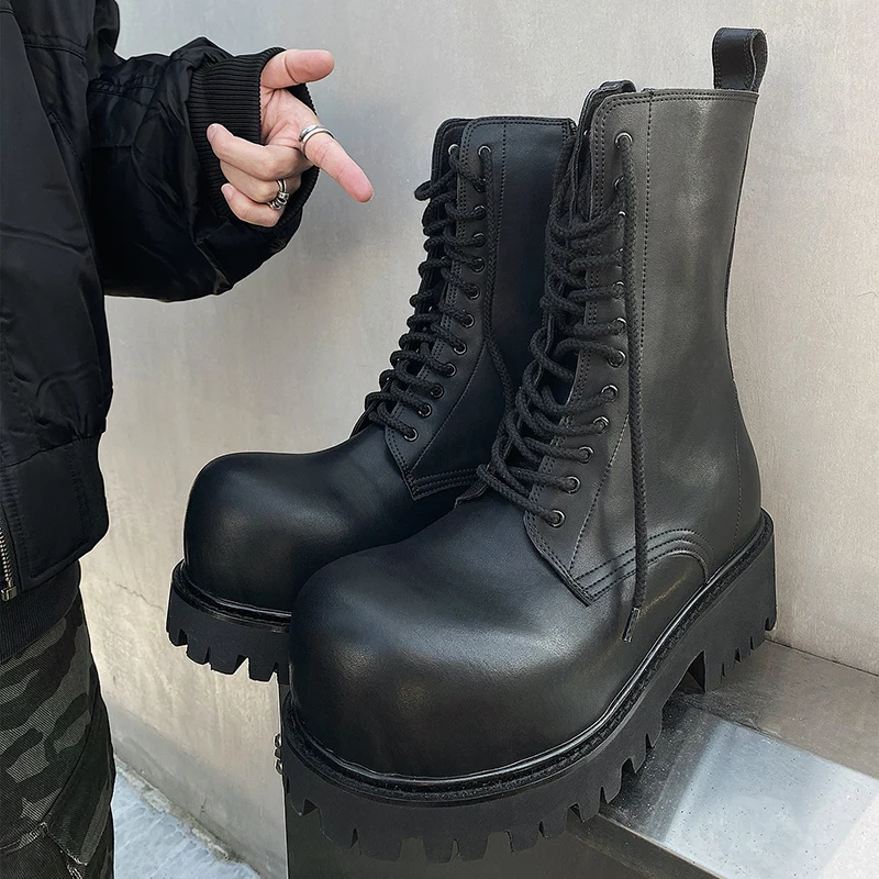 

Height increased 9cm short leather boots new thick soled outdoor workwear shoes zipper design American motorcycle boots