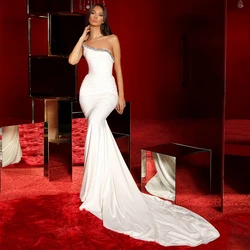 Mermaid Evening Dress White Spandex Crystal Asymmetrical Neckline Trumpet Evening Gowns for Women Sleeveless Sexy Formal Dresses