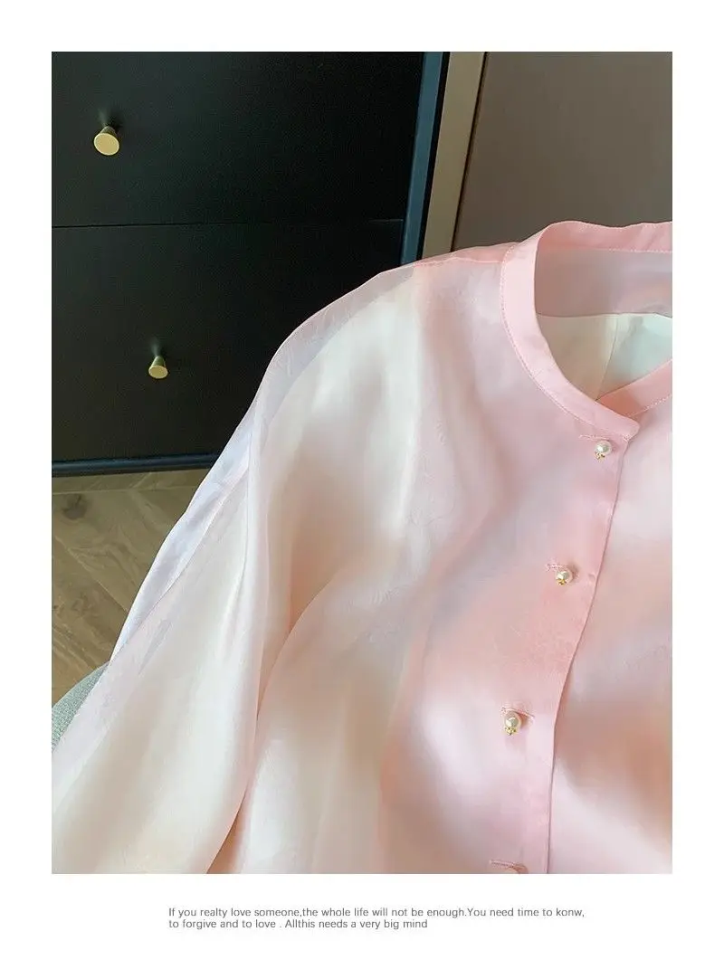 Pink New Chinese Style Stand Up Collar Mesh Shirt Jacket Women\'s Spring Autumn New Light Luxury Sweet Temperament Loose Shirt