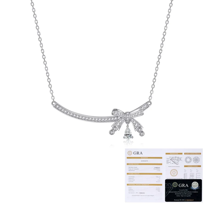 Hot selling smiling face bow necklace for women S925 pure silver moissanite diamond pendant necklace, wedding jewelry
