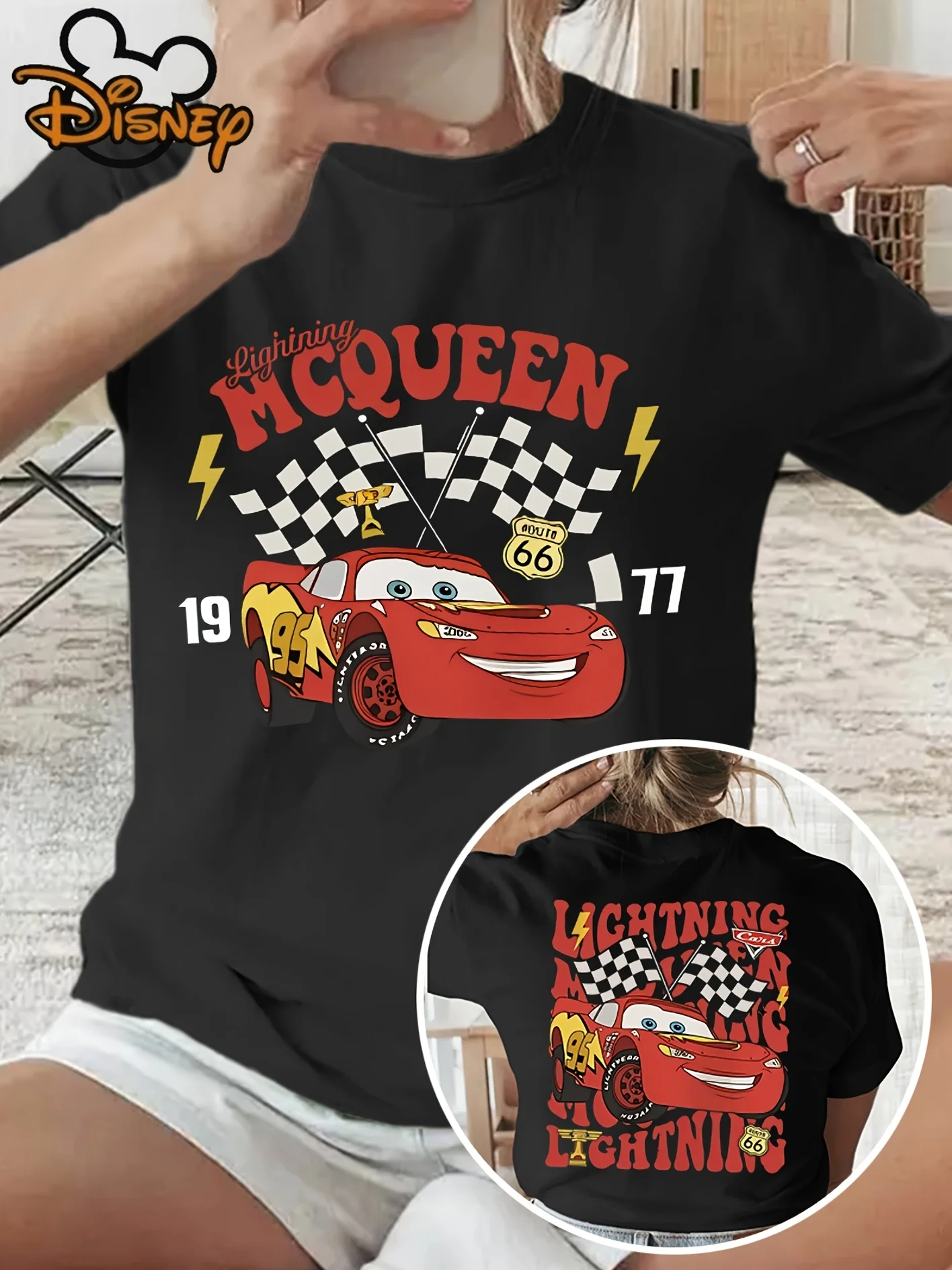

Женская летняя футболка Disney с короткими рукавами и молнией McQueen серии, двусторонняя летняя футболка с круглым вырезом и принтом, повседневный топ в стиле ретро Disney