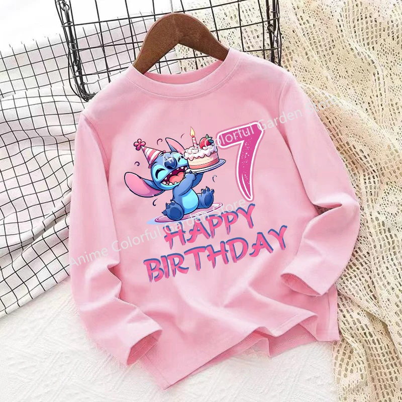 Disney Lilo & Stitch Long Sleeved T-shirt Children Anime Digital Printing Lining Cartoon Cute Top Kids Clothrs Birthday Gifts