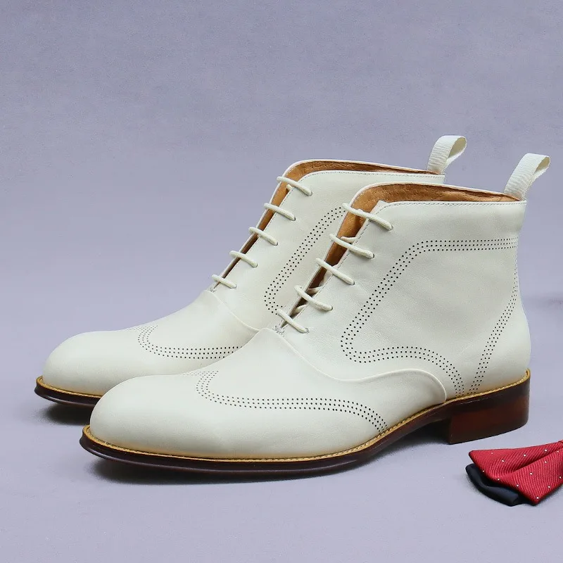 Elegant Mens Genuine Leather Chelsea Boots Luxury Handmade Comfortable 2026 Autumn New Fashion White Color Ankle Brogues Shoes