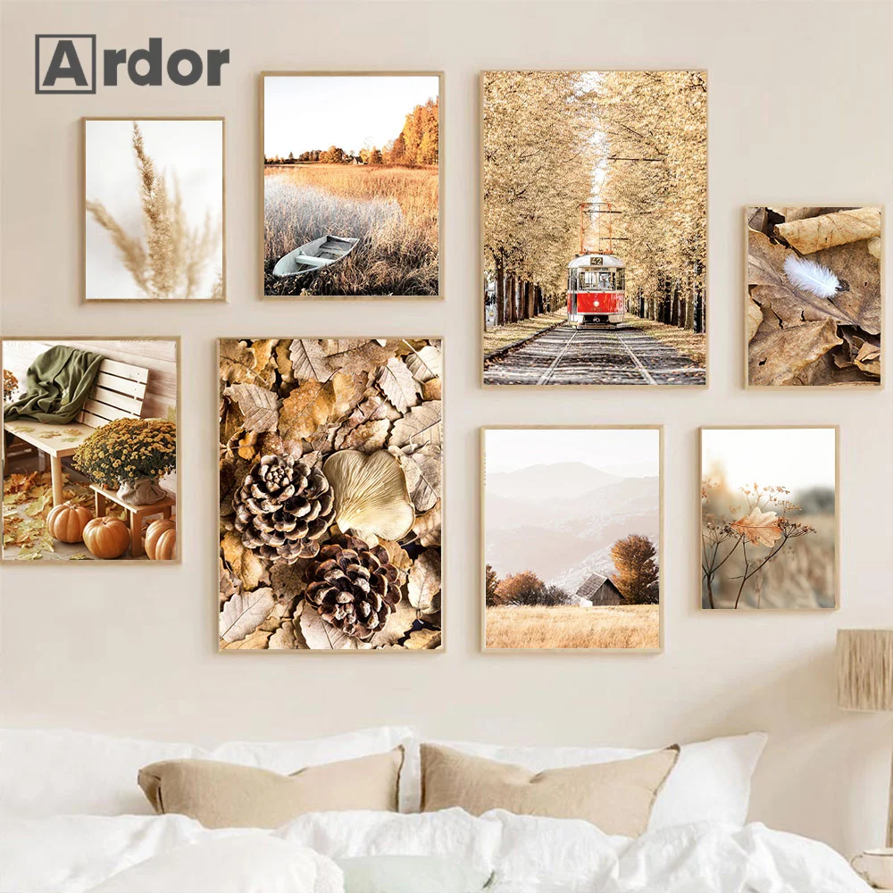Modern Autumn Scenery Poster Maple Leaves Pumpkin Landscape Oil Canvas Painting Print Wall Art