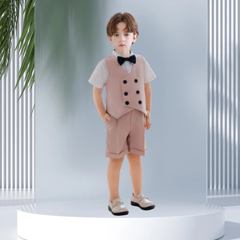 

Kids Pink Vest Shorts Bowtie 3Pieces Set for Formal Event Boys Piano Host Speech Birthday Wedding Photography Vest Suit Set