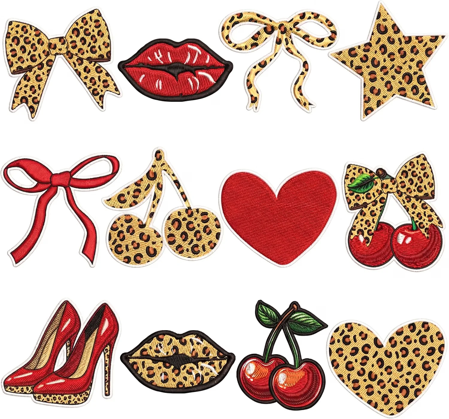 12pcs Cute Retro Iron-on Patches, Cheetah Print Cherry Lips Bow Heart Star High Heel Embroidered Patches for DIY Crafts, Bags Ba