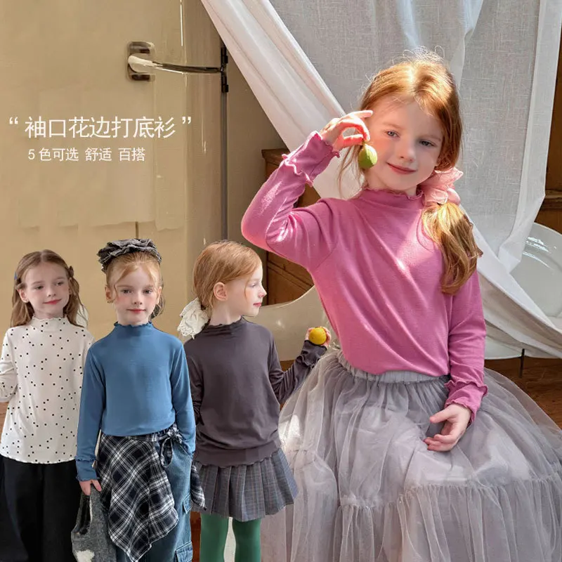 

Girls' Bottoming Shirt Autumn and Winter New Children's Solid Color Bottoming Clothes Baby Lace Long-sleeved Top Girls Clothes