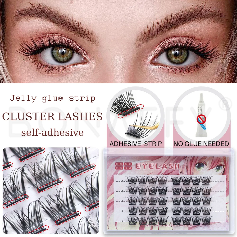 Auto-adesivo segmentado cílios Bundle, cílios postiços DIY com Jelly Gel, extensão do chicote, maquiagem Lash, Volume Cluster