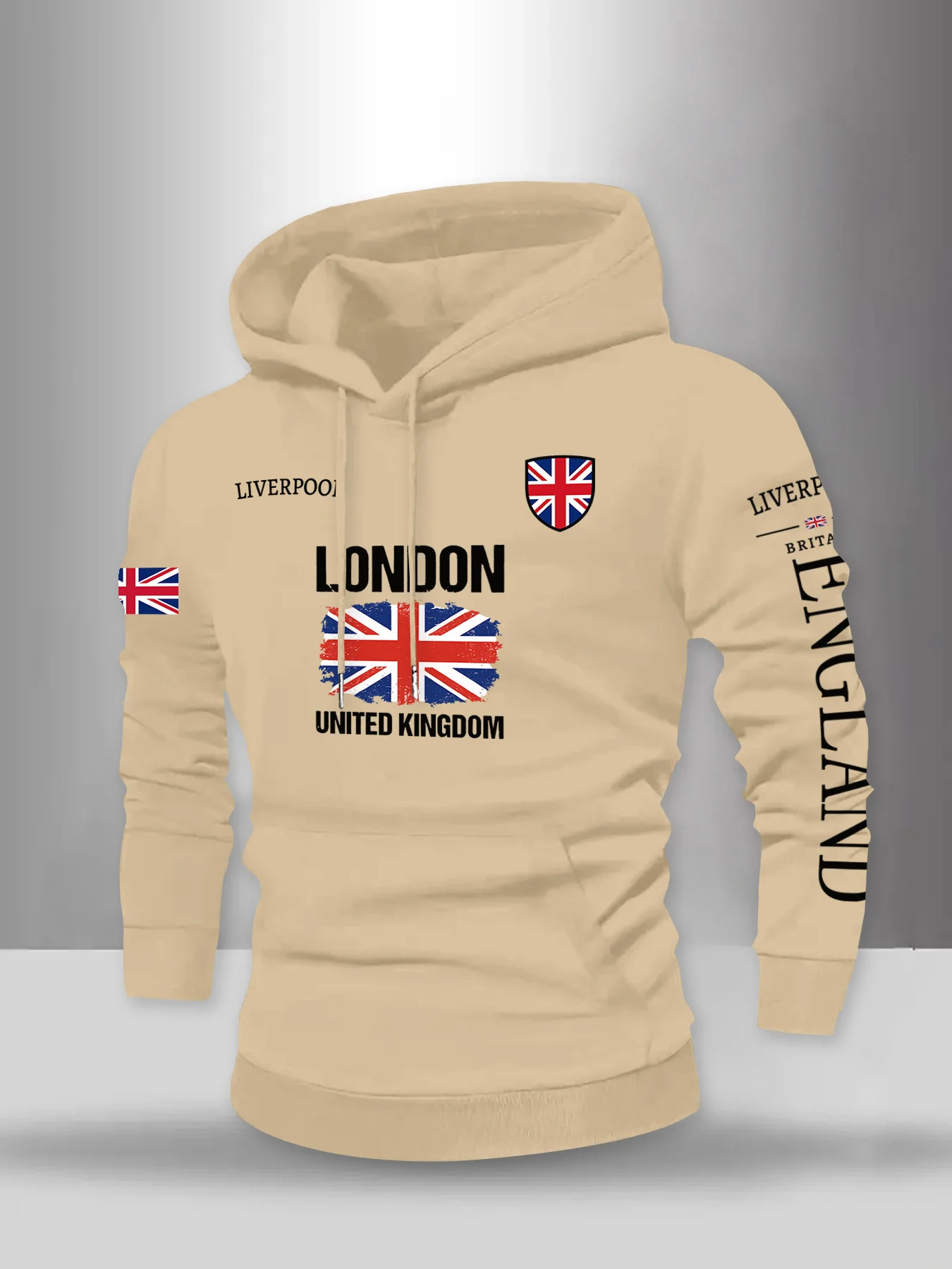 Herren UK London Vereinigtes Königreich Flaggen-Print Hoodie England Liverpool Schriftzug Lässiger Streetwear Weißer Pullover Sweatshirt – Detail 5
