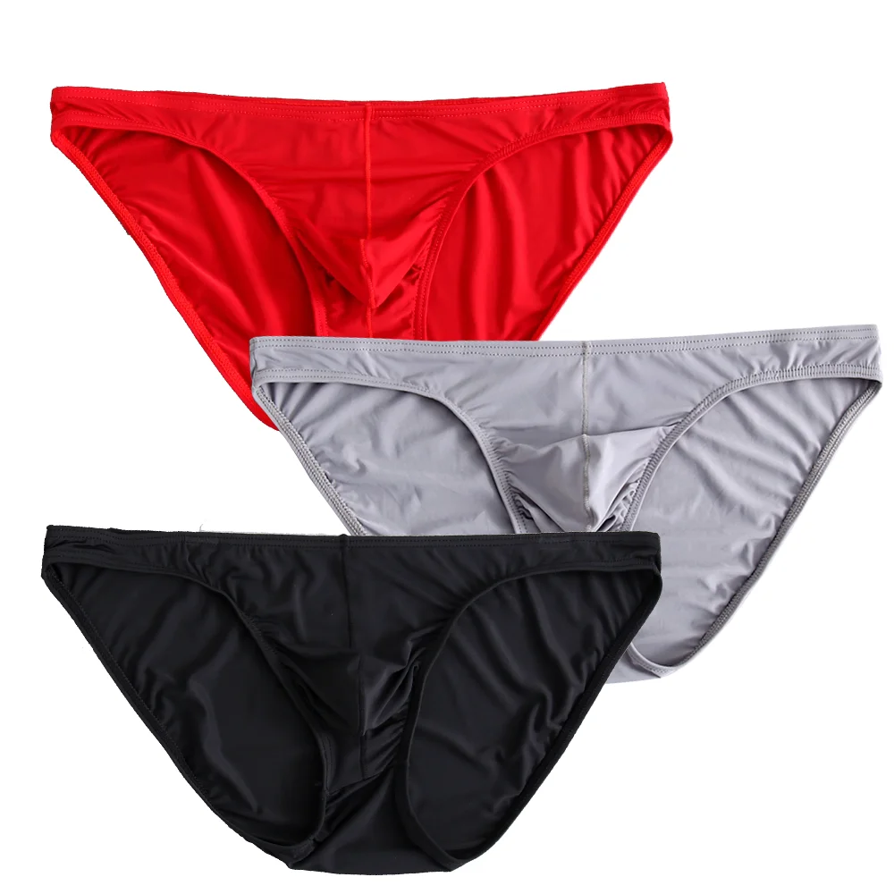 3 Pcs Mens Underwear Briefs Nylon For Men bulge with Pouch hombre slips silk Red  Boys pack lot Breathable and sexy Male Panties