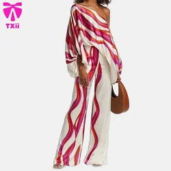 2024 New Office Women's 2-piece Set New Casual Wide Leg Pants Set Printed Satin Set Lantern Sleeves Off Shoulder Long Sleeve