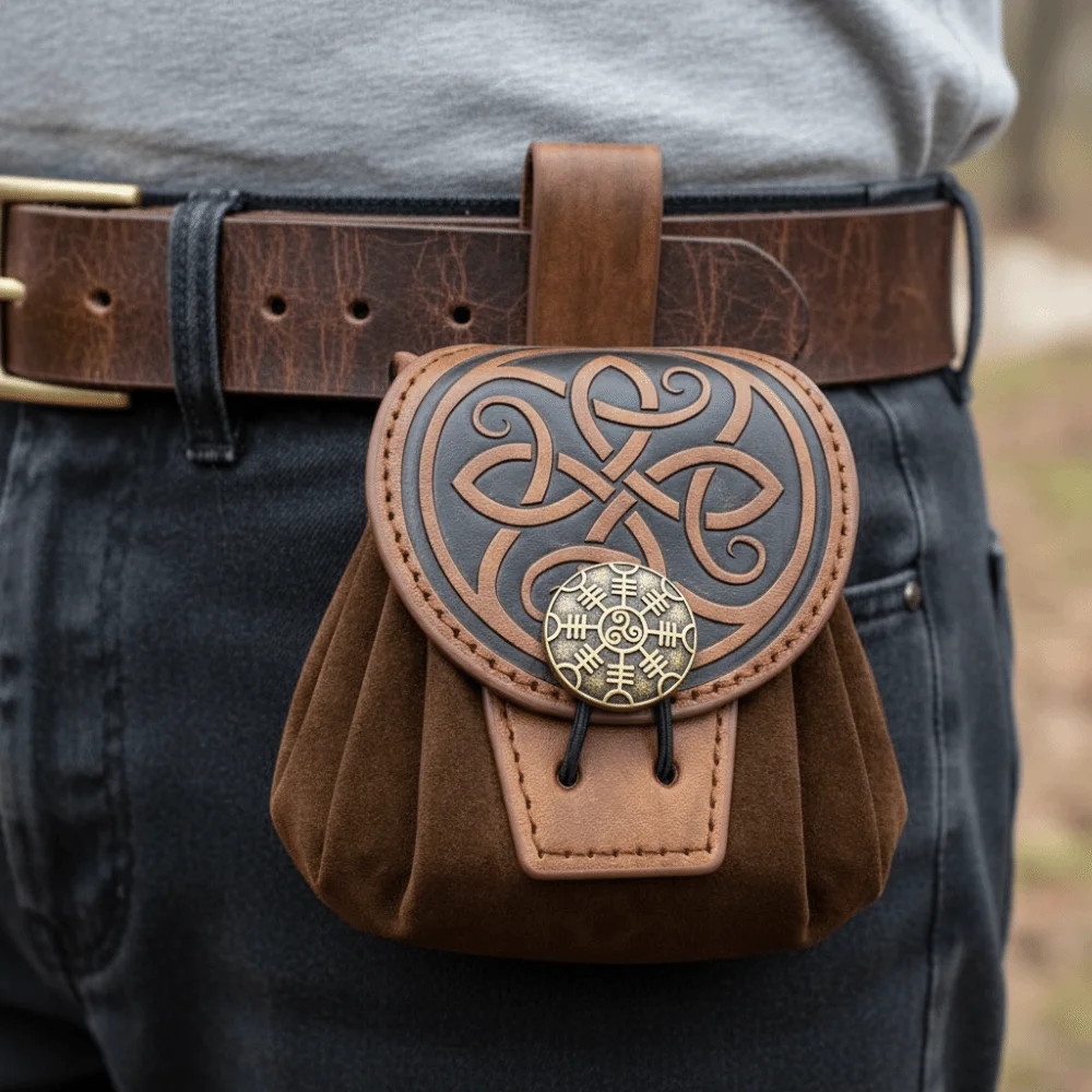 Vintage Drawstring Fanny Packs Embossed Design Steampunk Waist Coin Purse Hangable Feature Faux Leather Belt Bag Cosplay