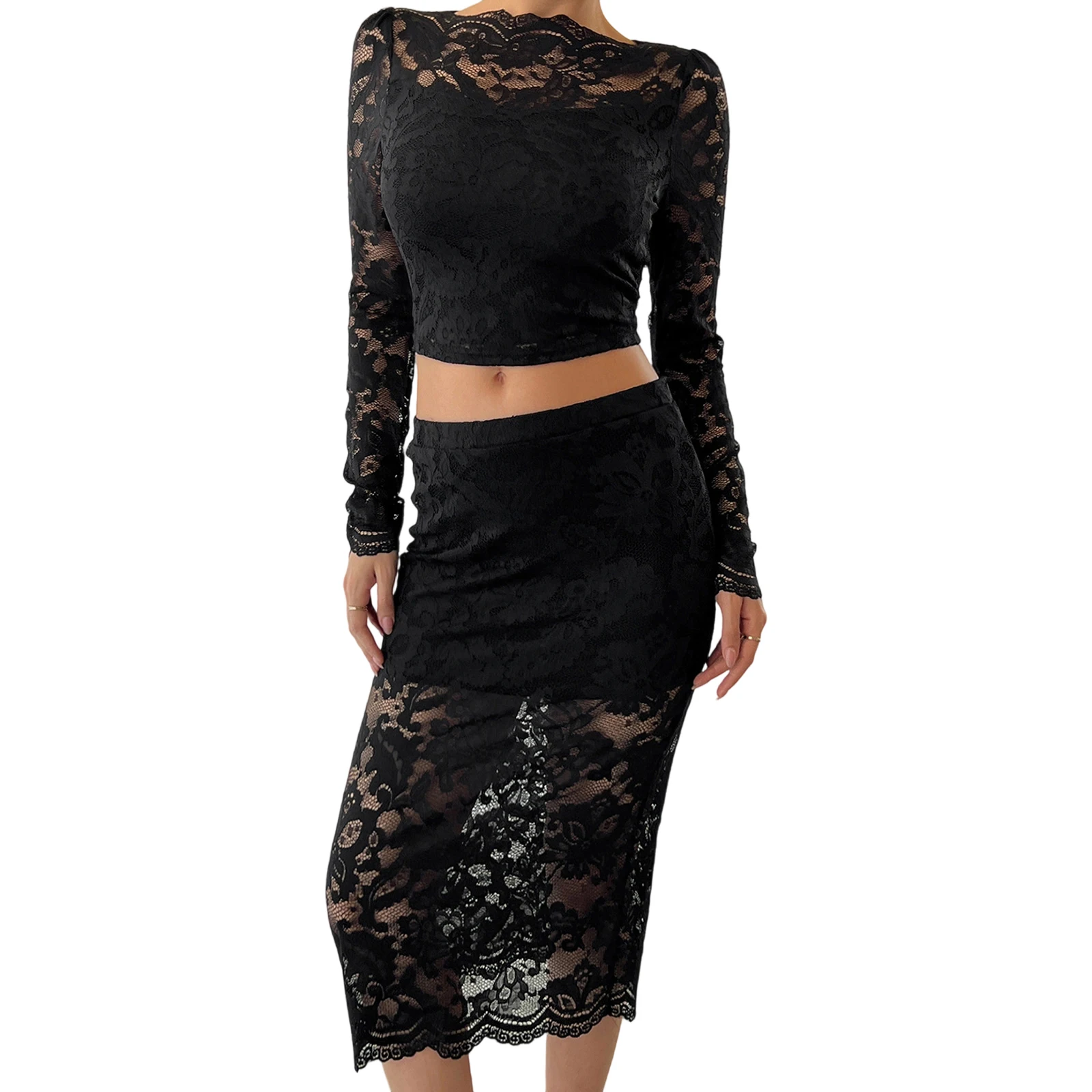 Dames zomer kanten outfits pure crop lange mouwen tops en elastische midi-rok set voor streetwear esthetische kleding