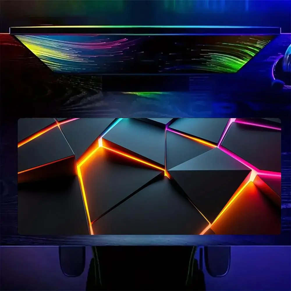 

Неоновый коврик для мыши с геометрическими фигурами, большой игровой коврик, нескользящий, прочный, с прошитыми краями, HD-печать, офисный коврик