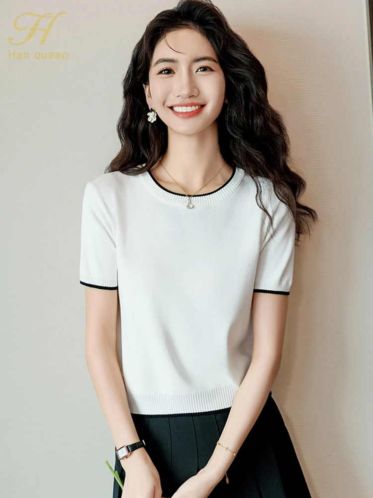 

H Han Queen New Korean Reviews Many Clothes Tops Short Sleeve Soft Chic Vintage Casual Short Sleeve Sweater 2025 Summer Pullover