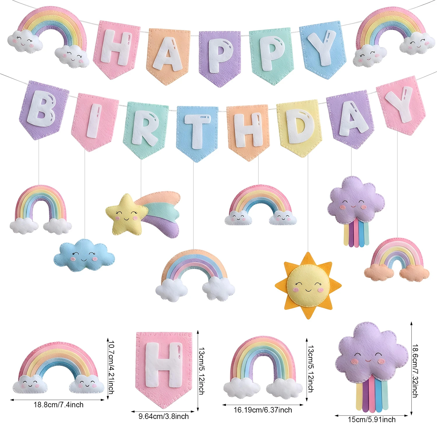 Regenbogen-Thema 2D Filz-Spiral-Girlande mit Wolken und Sternen für Mädchen-Erstgeburtstag und Babyparty-Dekorationen – Detail 2