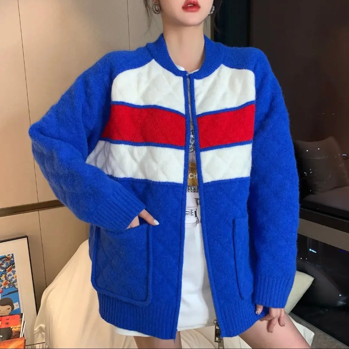 

Новый зимний вязаный шерстяной кардиган больших размеров с ромбовидным узором на молнии, теплая свободная верхняя одежда, женский свитер