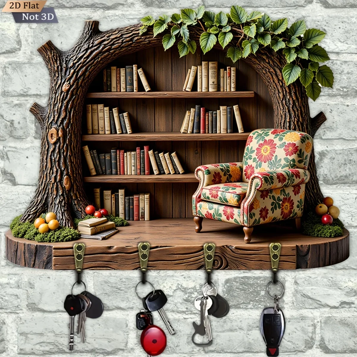 2D Flat, 1pc, Stump-Shaped Key Hook Wooden Multifunctional Home Key Rack with Four Metal Hooks, Wall Decoration, Porch
