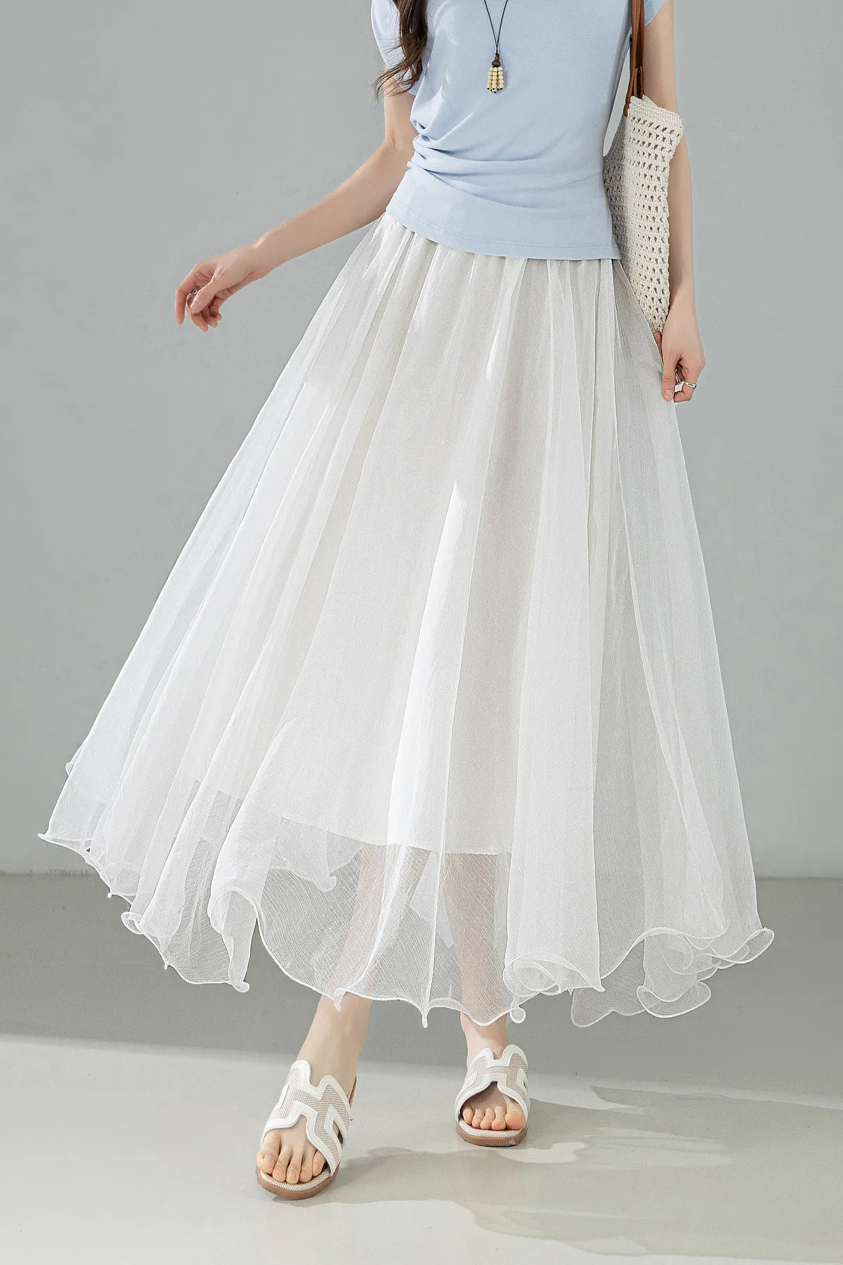 SENTUBILA Eleganter Hochgeschnittener Schimmernder Chiffon A-Linien-Rock 2026 Sommer Weißer Netzrock mit Elastischem Bund Damen-Unterteil W62QG7415 – Detail 14