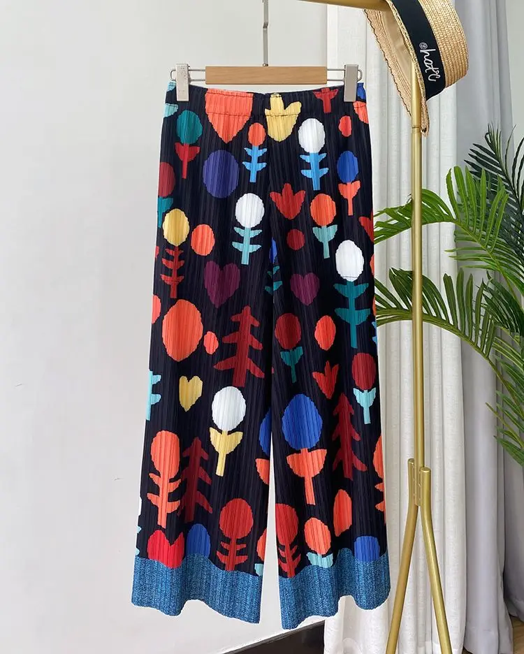 Folded niche  retro printing thin straight casual pants children's high-end summer drape eight-point nine-point pants