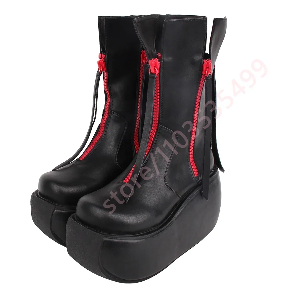 Patent Leather Round Bread Tassel Boots Spring 2026 New Street Punk Thick Sole Zipper Fashion Ladies Party Cosplay Stage Boots