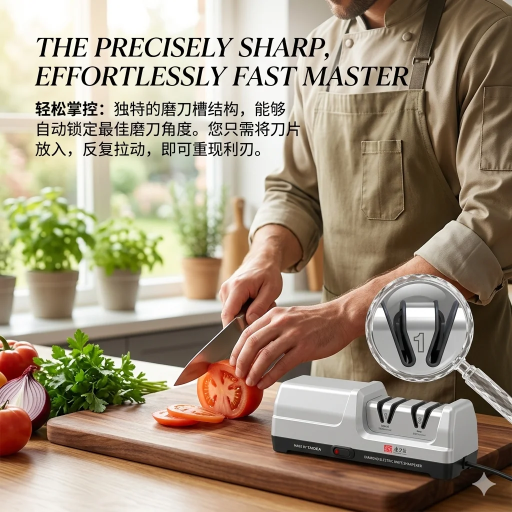 

Electric Kitchen Knife Sharpener with 100% Diamond Grinding – 20° Precision Sharpening for Instant Edge Recovery