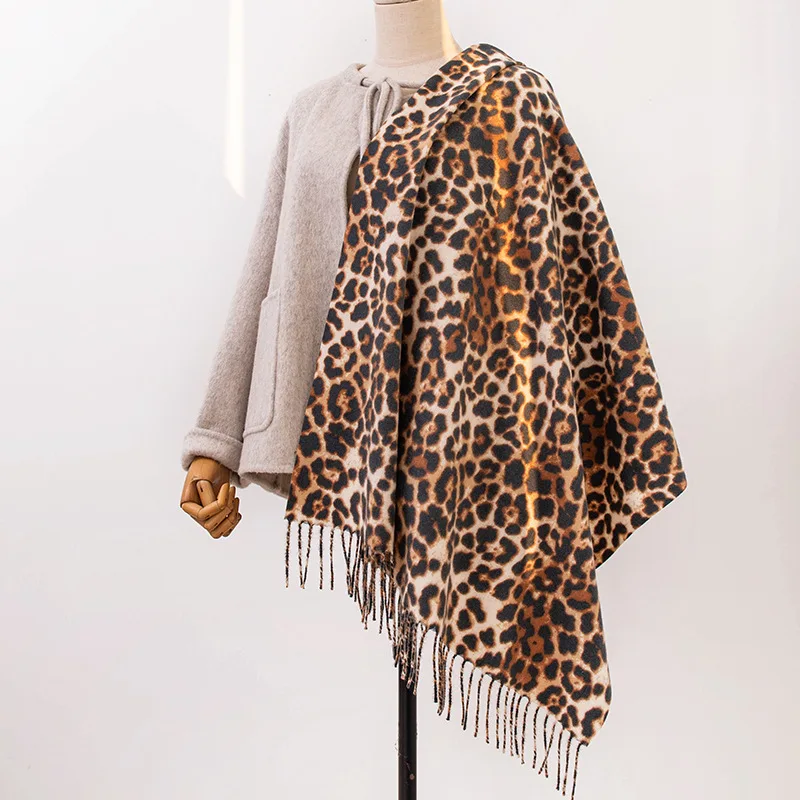 European and American Autumn Winter Scarf High-Grade Leopard Print Artificial Cashmere Women's All-Matching Warm Bib Shawl