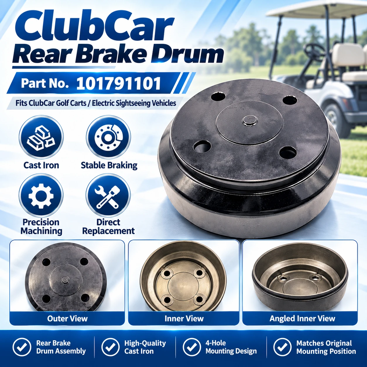 Club Car Golf Cart Rear Brake Drum OEM 101791101, Electric Sightseeing Cart Rear Brake Hub