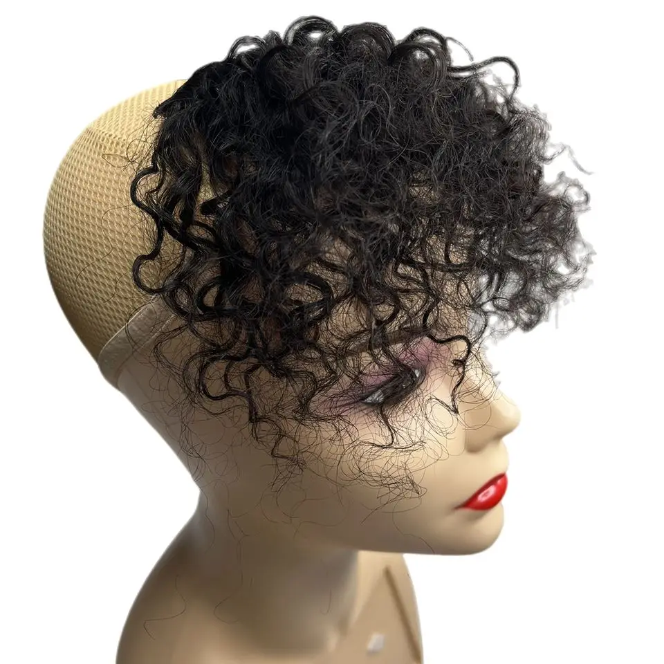Flequillo de cabello humano rizado, flequillo Afro corto rizado para mujeres negras, Clip de cabello humano en flequillo, extensión de cabello, Color negro Natural