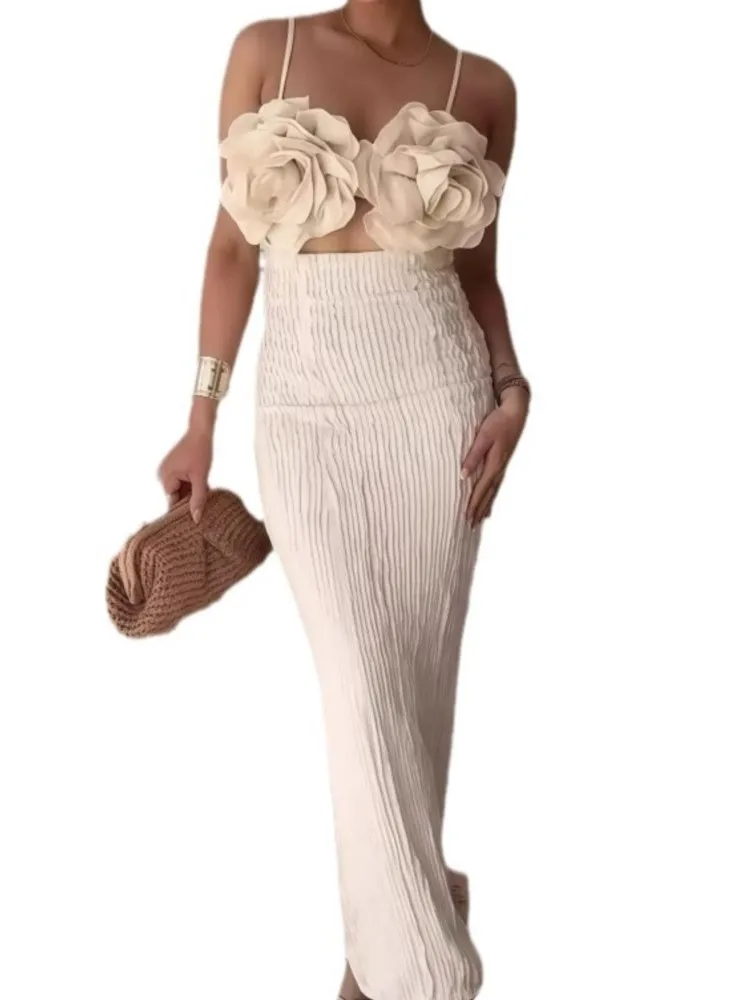 3D Bloemen Spaghetti Jurken Vrouwen Mode Sexy Hollow Out Backless Pakket Hippe Feestjurk Ontwerp Gevoel Banket Vestidos