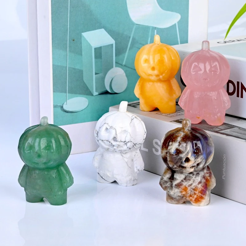 

1Piece Mini Random Style Natural Quartz Crystal Pumpkin Head Ghost Creative Sculpture Rose Quartz Moonstone Aventurine Turquoise