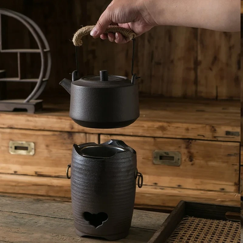 Handmade Black Pottery Teapot 800ml Ceramic Tea Pot Kettle Heating Furnace Base Tea Brewing Utensils Filter Pot Water Bottle