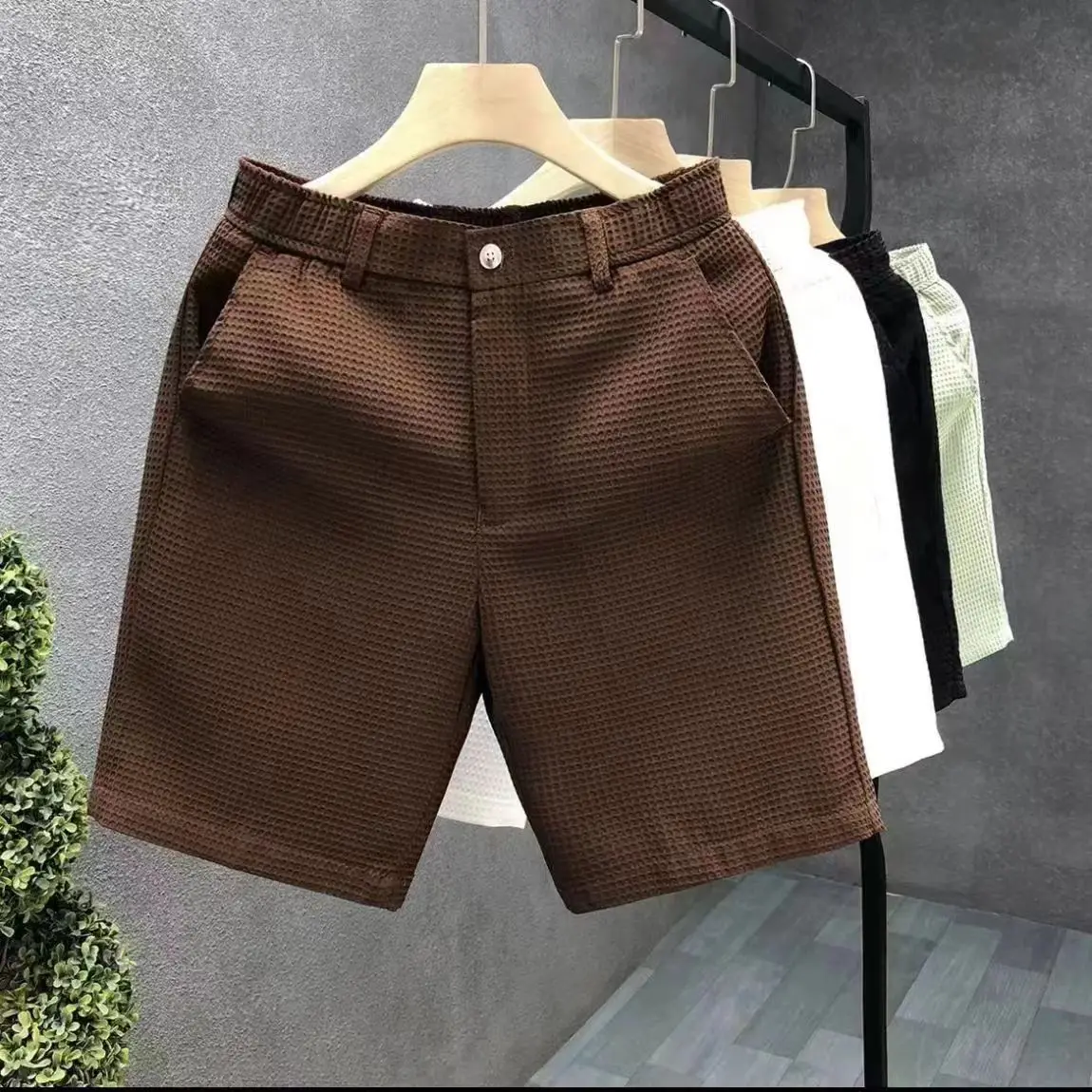 

British Style Men Suit Shorts Summer Thin Korean Elastic Waist Slim Fit Knee Length Pant Waffle Business Casual Short Trousers