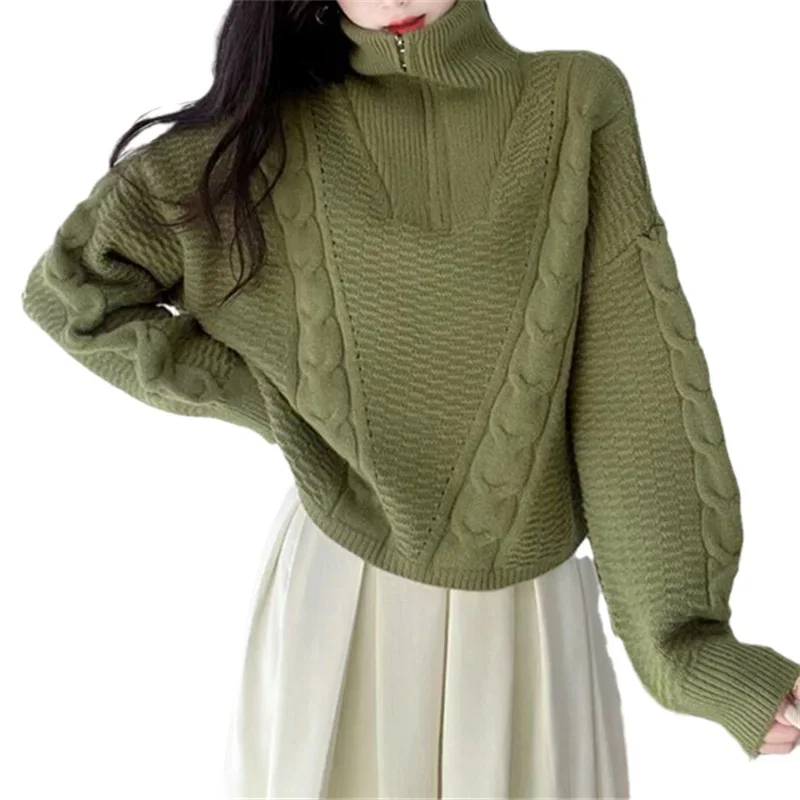 Winter Vintage Half Zipper Stand Neck Sweater Loose Thin Solid Color Design Short Fried Dough Twists Sweater Women