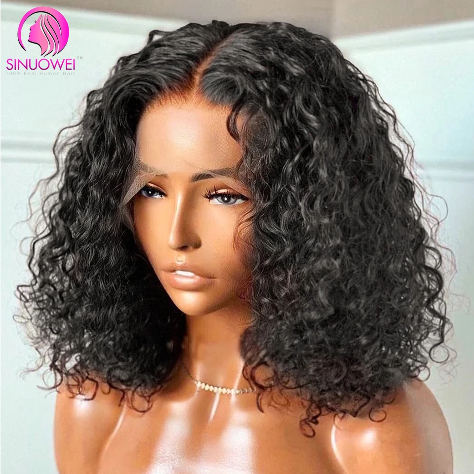 

Water Wave Short Bob Human Hair T Part Lace Wigs 8-14inch 13X1 4X1 Transparent Lace Part Human Hair Wig Preplucked Factory Price