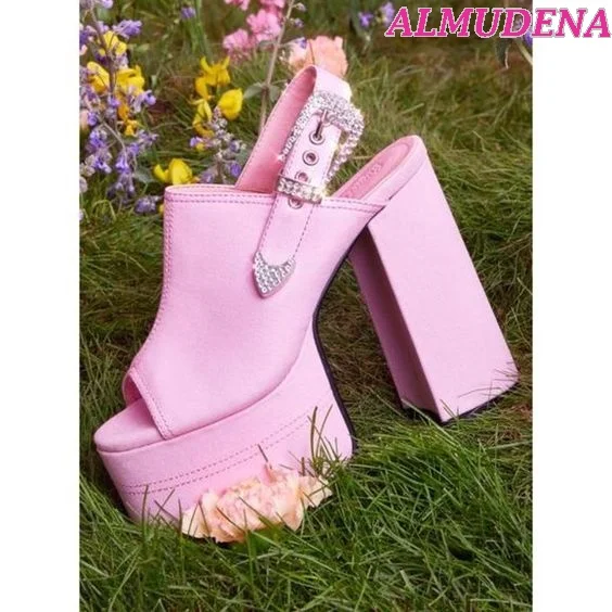 

Women Pink Crystal Buckled Summer Sandals Peep Toe Chunky Slingback Leather High Heels Plus Size Lolita Party Dress Shoes