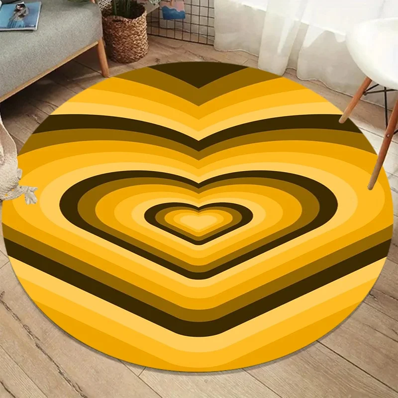 Concentric Yellow Heart Round Rug, Layered Heart‑Shaped Printed Circular Floor Mat, Stylish Bedroom Home Decor Carpet
