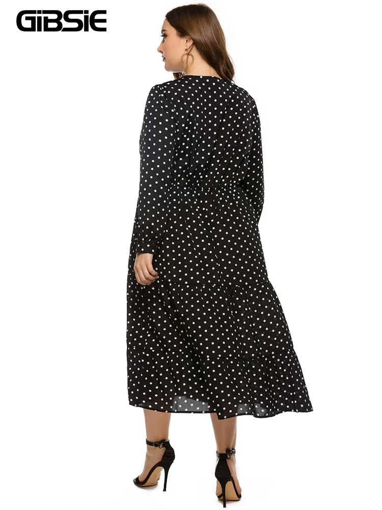 GIBSIE Polka Dot V Neck Ruffle Hem Dress Plus Size xxxl 4xl 5xl Autumn Women Black Chiffon Long Sleeve Elegant Dresses 2024 New