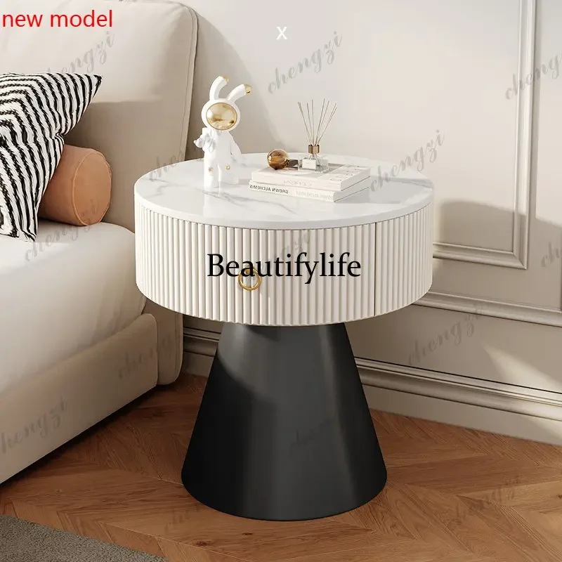 N138Clock Lamp Round Legs Nightstand Modern White Minimalist Organizer Nightstands Side Table Narrow Bedroom Luxury Home Furnitu