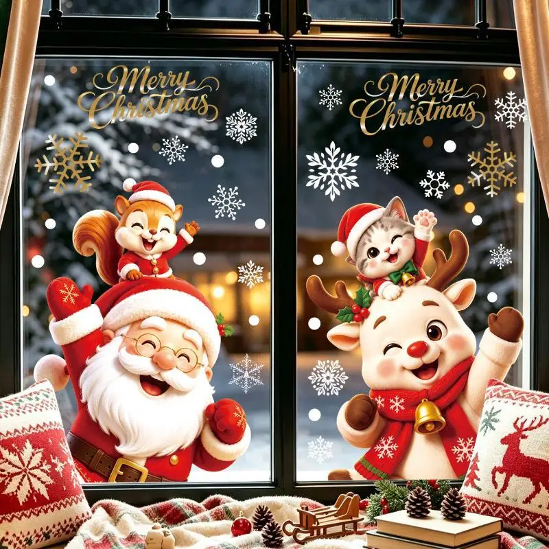 2 Pcs Christmas Window Stickers With Adorable Santa Reindeer Squirrel Cat Designs For Home Xmas Holiday Decoration