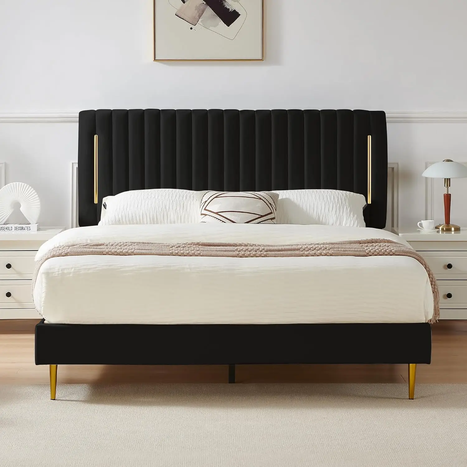 Full Platform Bed Frame, Velvet Upholstered Bedframe with Vertical Channel Adjustable Headboard, Golden Plating, Customized