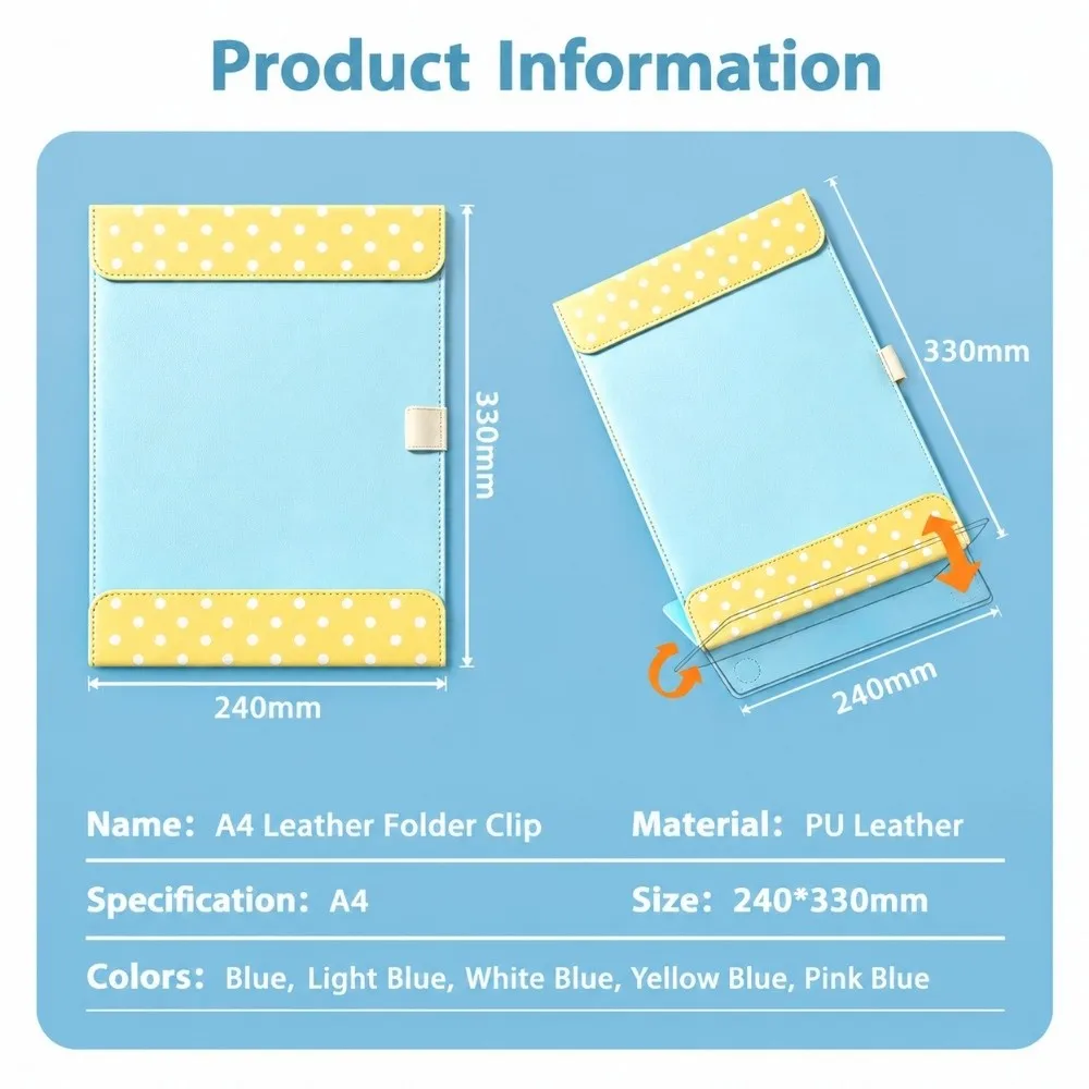 PU Leather A4 Magnetic Folder Color-blocking Polka Dot Pattern Document Holder Exam Paper Organizer School Office Supplies 6