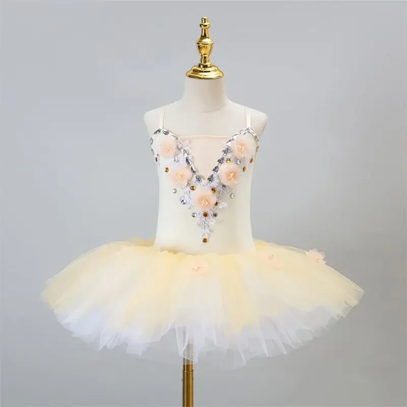 Ruoru Ballet Tutu Pink Yellow Color Dance Dress for Girls Kids Child Leotards Girls with Pants Ballet Dress Skirt with Flowers