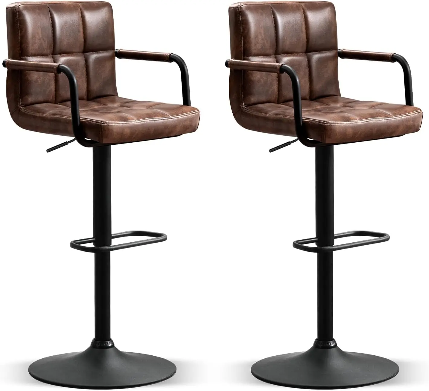 

Набор из 2 барных стульев с спинкой, современные квадратные кухонные стулья из искусственной кожи с подлокотниками (темно-коричневый)