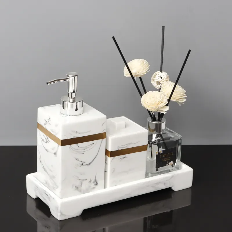 Nordic Natural Resin Bathroom Accessories Kit Lotion Bottle Mouth Cup Soap Dish Toothbrush Holder Tissue Box Cotton Swab