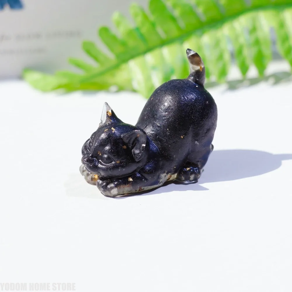 Gold Foil Crystal Chip Resin Kitten Figurine - Curly Tail Cat Statue Desktop Ornament Lucky Gift