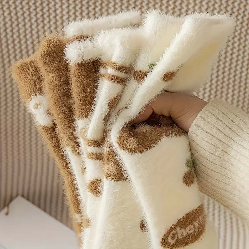 3 Pairs Of Autumn And Winter Thick Women's Mink Fur Cute Cartoon Letter Teddy Bear Versatile And Comfortable Warm Woolen Socks